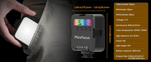 Minifocus Full Color RGB LED Video Light 2500K-7000K 800LUX Mini Fill 3 Cold Shoe 1800mAh Type-C Pocket Camera Hot Shoe Light