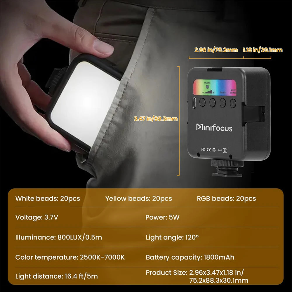 Minifocus Full Color RGB LED Video Light 2500K-7000K 800LUX Mini Fill 3 Cold Shoe 1800mAh Type-C Pocket Camera Hot Shoe Light